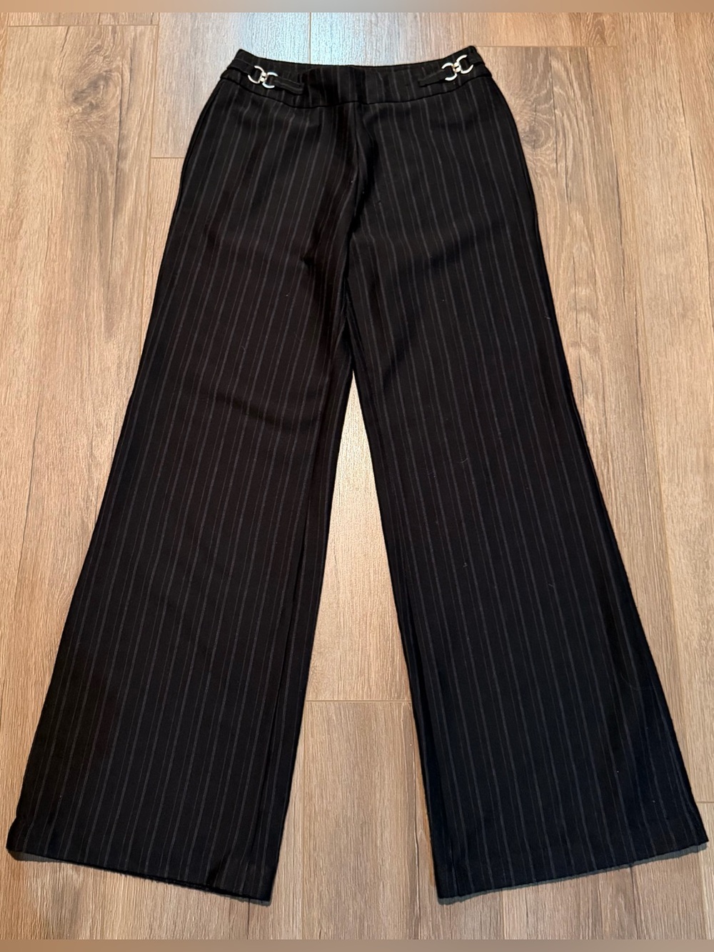 Vintage Y2K Pinstripe Flare Bootcut Women’s XS Black Work Pants Metal Accents
